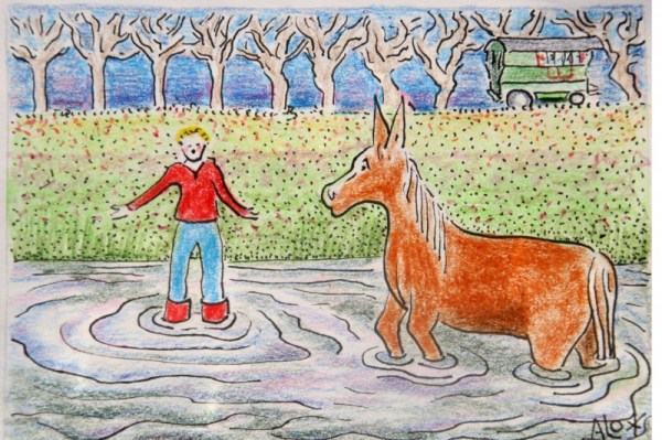 Overstroomde rivier met muildier 001